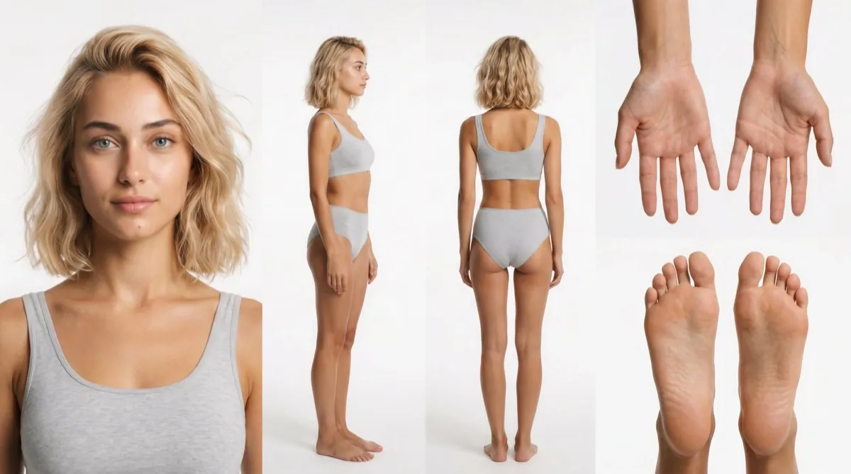 Character sheet: the female lead in multiple views, neutral pose and lighting