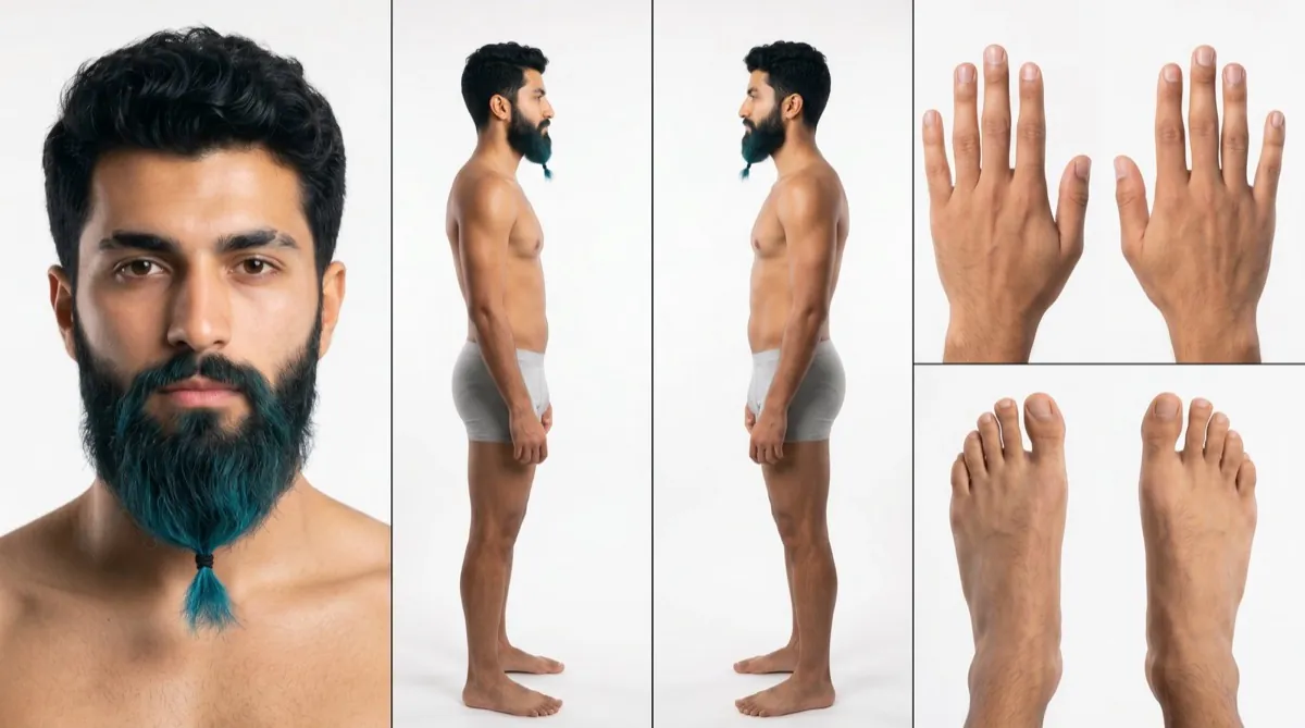 Character sheet: the male lead in multiple views, neutral pose and lighting